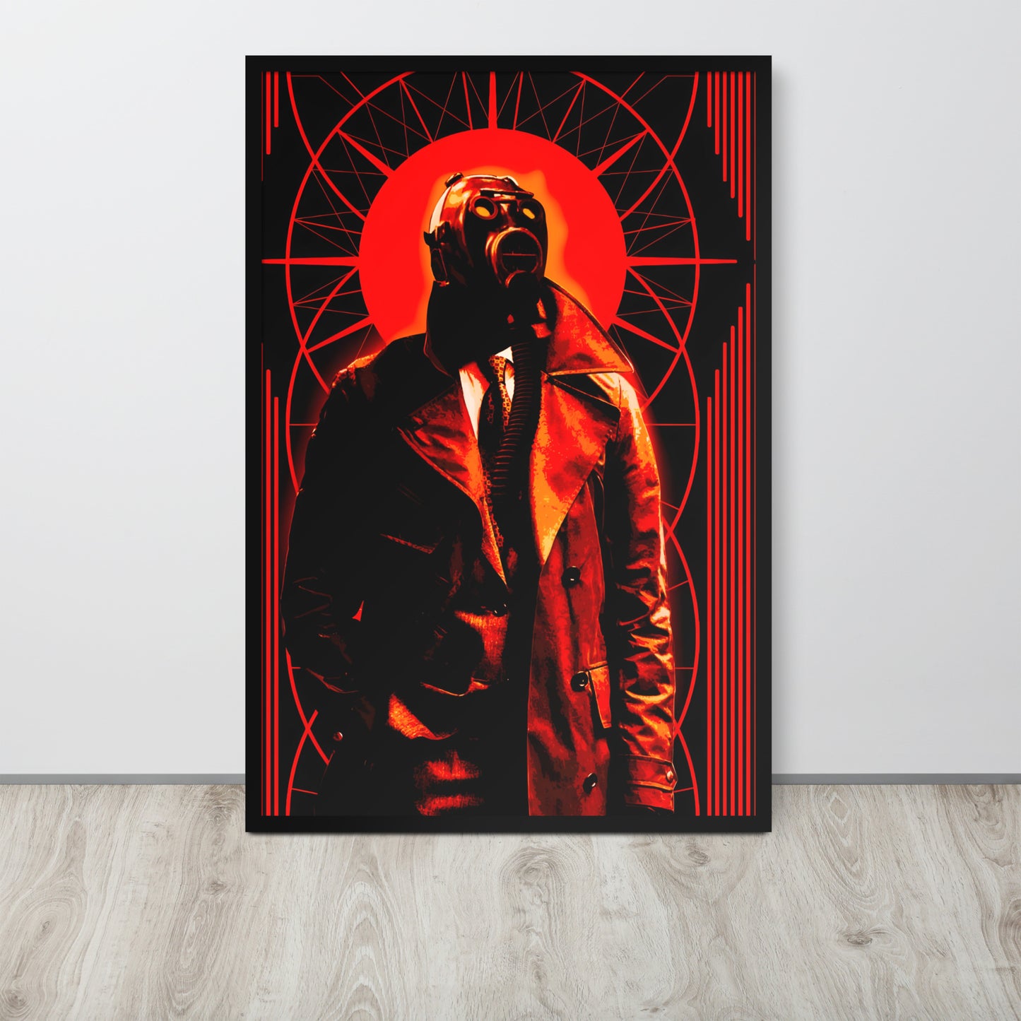 24x36 framed artwork of a stylized, art-deco style illustration in orange, black, and white tones, with a mysterious figure in a gas mask and a trench coat in the center