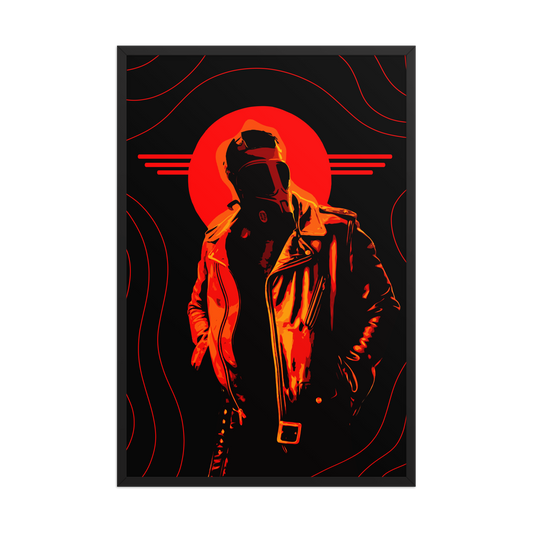 Framed 24x36 artwork of a person in a jacket with a red circular design on a black background