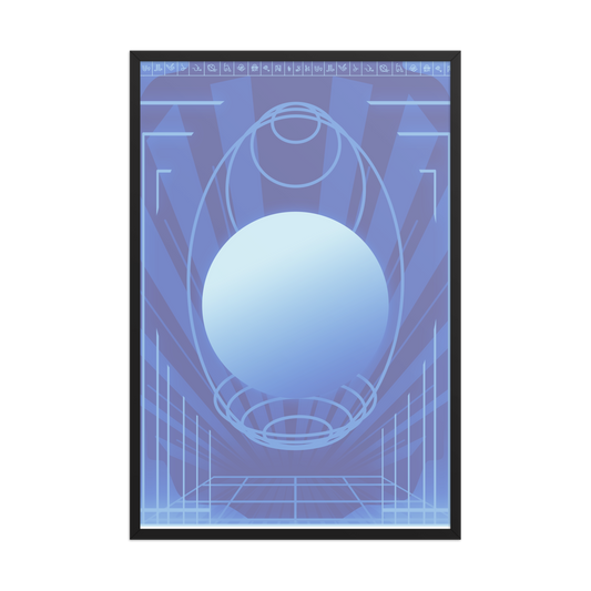 A framed abstract art print featuring a central light blue sphere surrounded by geometric lines and radiating blue patterns on a purple background, enclosed in a thin black frame.
