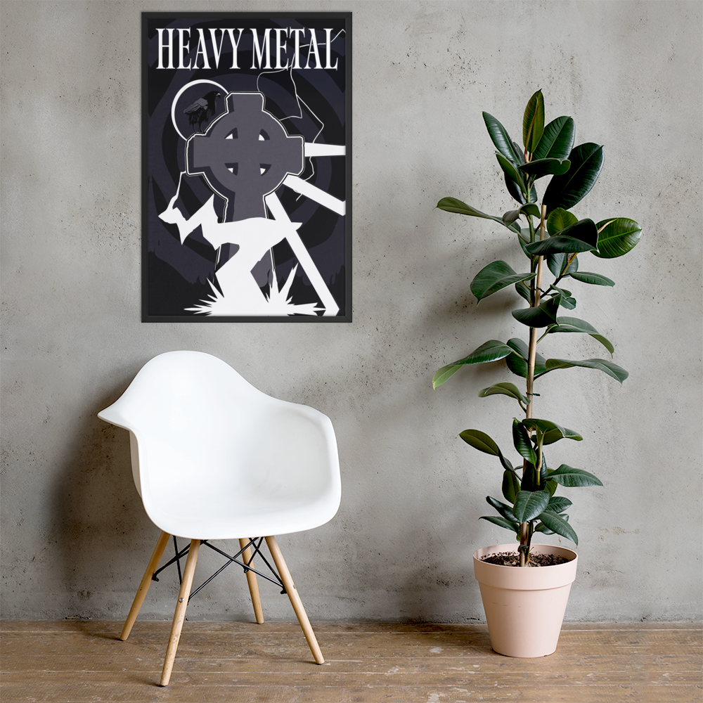 Poster with 'Heavy Metal' design, white chair, and potted plant against a gray wall.