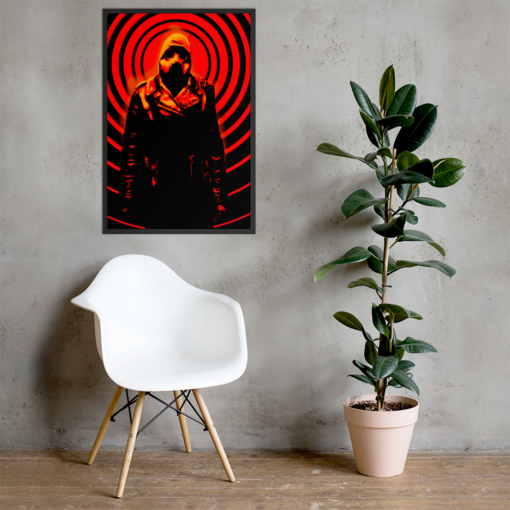 White chair and potted plant in front of a wall with a 24x36 framed artwork of a mysterious figure in a dark outfit with a hood and a gas mask against an orange and black circular background