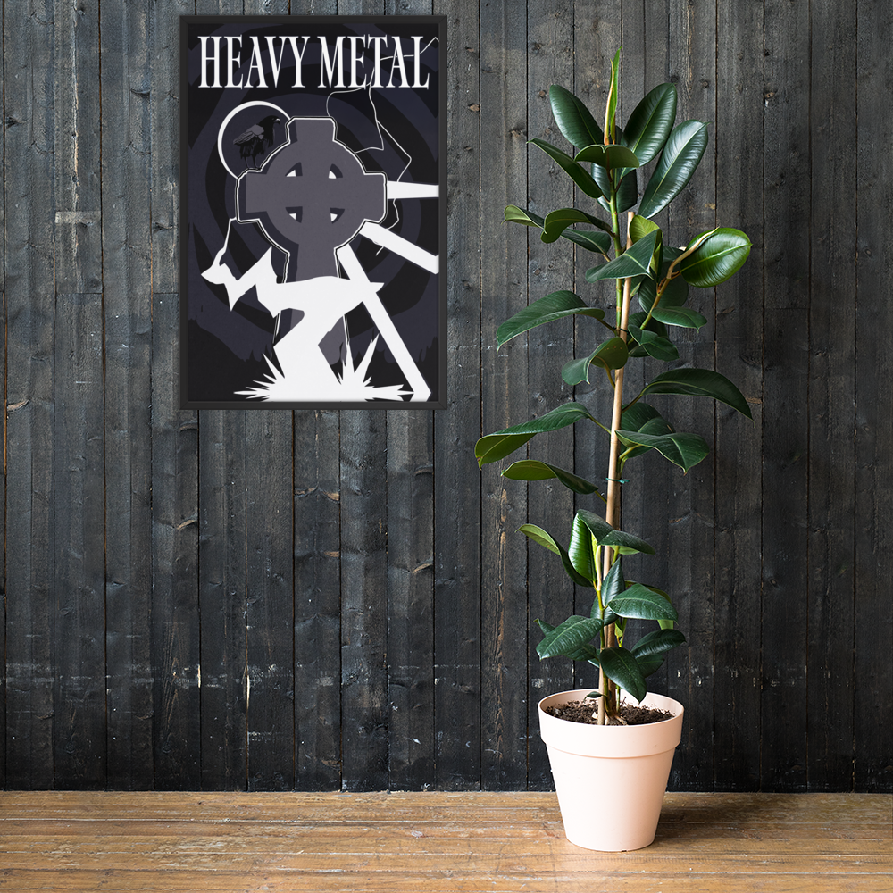 Potted plant next to a 'Heavy Metal' themed poster on a wooden floor with dark wooden wall background