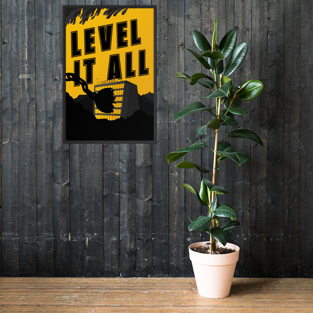 Potted plant next to a framed poster with 'Level It All' text on a wooden floor against a wooden wall.