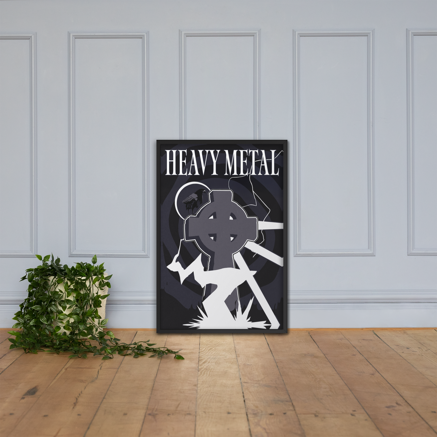 Heavy Metal-themed poster on a wall with a plant on a wooden floor.