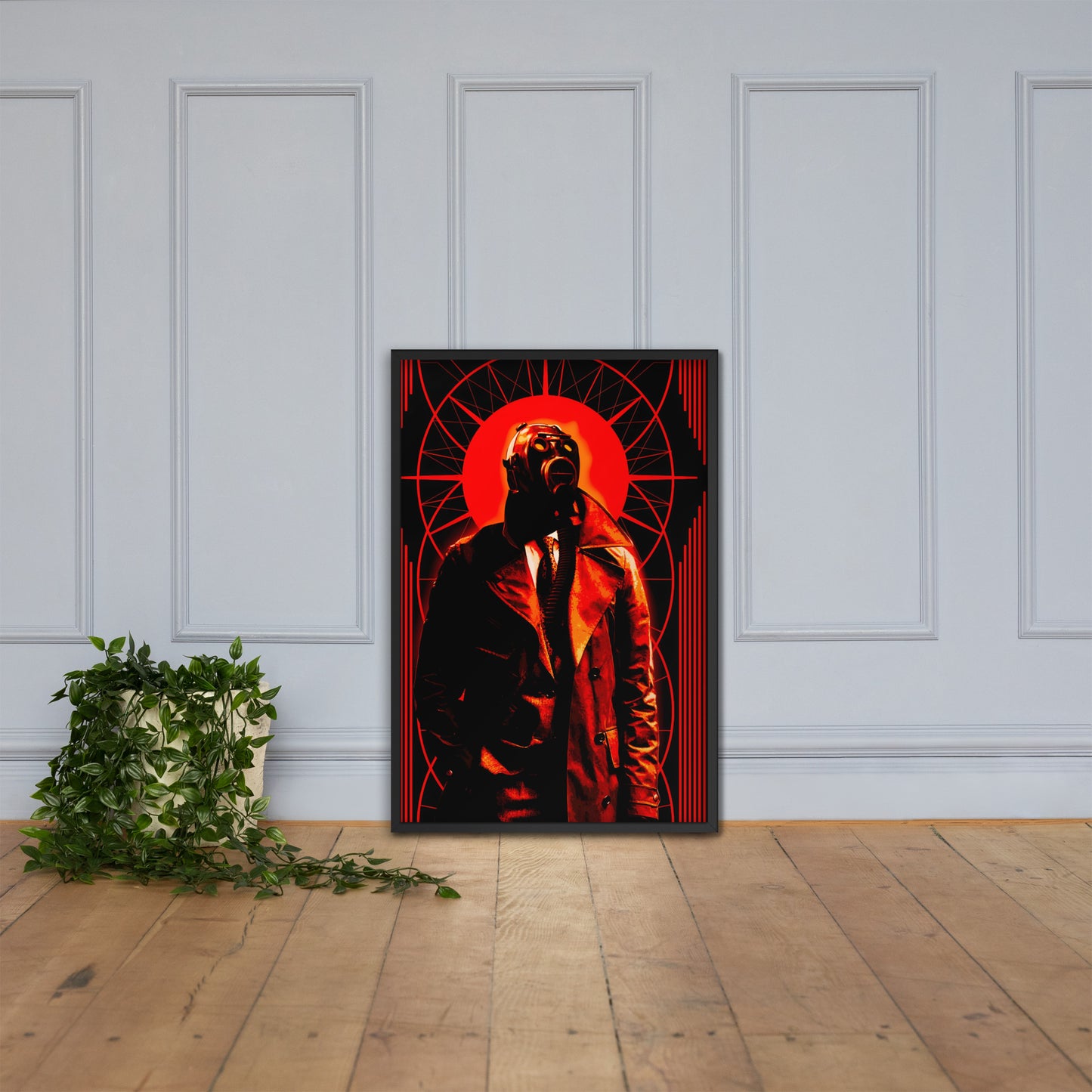Framed 24x36 artwork of a stylized, art-deco style illustration in orange, black, and white tones, with a mysterious figure in a gas mask and a trench coat in the center on a white wall.