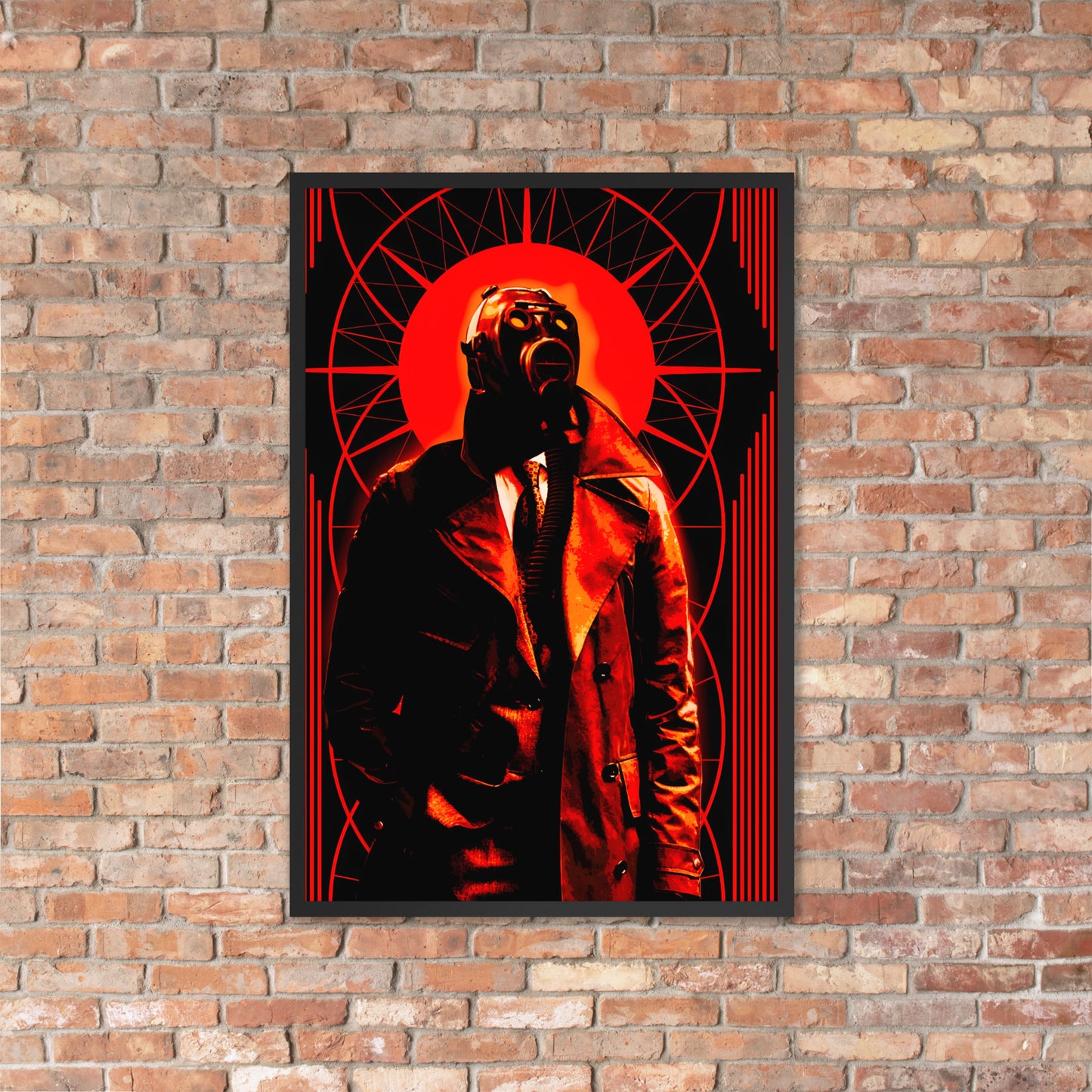 Framed 24x36 artwork of a stylized, art-deco style illustration in orange, black, and white tones, with a mysterious figure in a gas mask and a trench coat in the center on a brick wall.