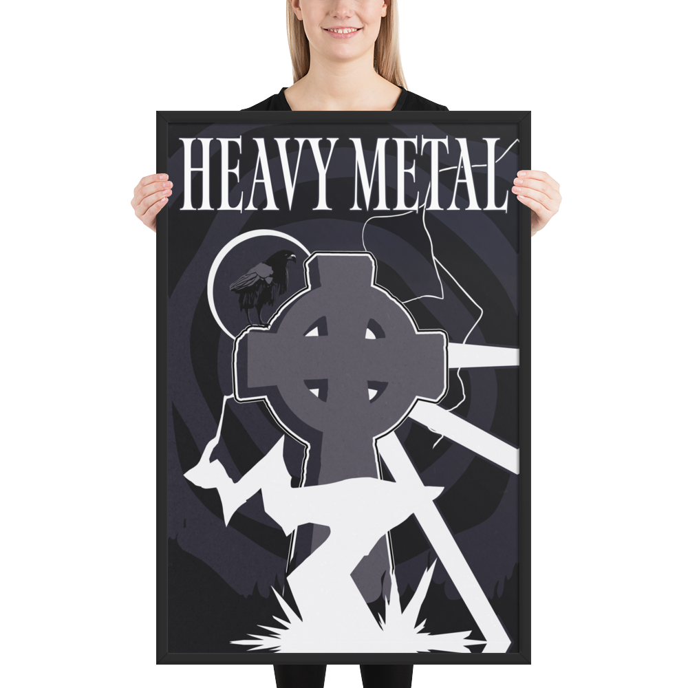 Person holding a 'Heavy Metal' poster with a stylized design of a grave and text.