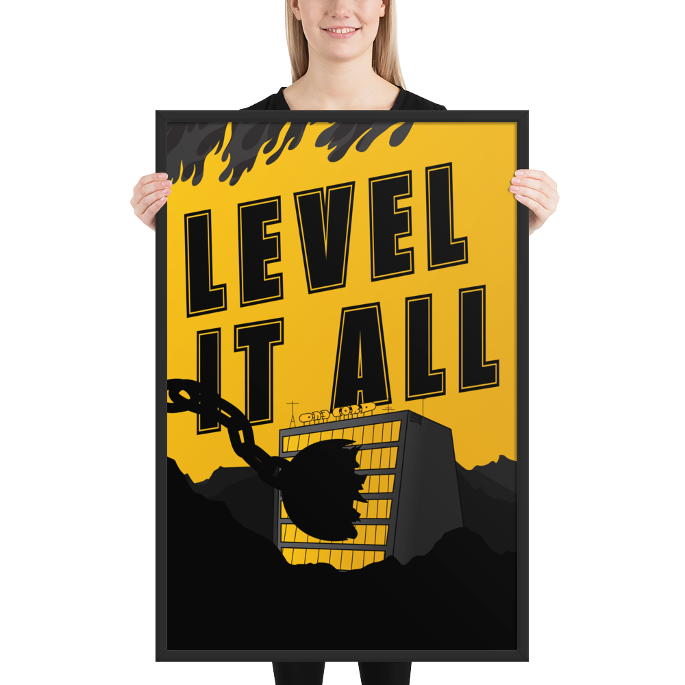 Person holding a poster with 'Level It All' design on a yellow background
