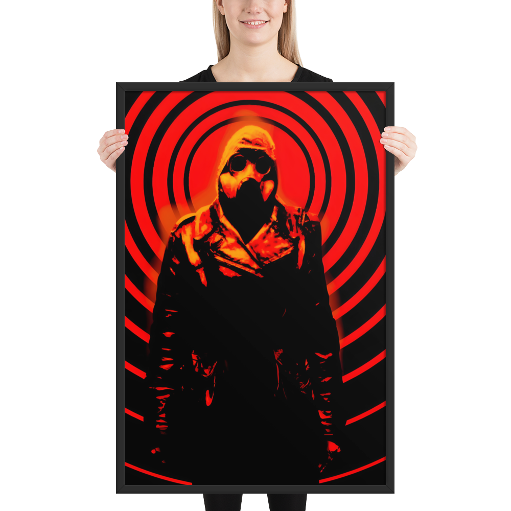 Person holding a 24x36 framed artwork of a mysterious figure in a dark outfit with a hood and a gas mask against an orange and black circular background
