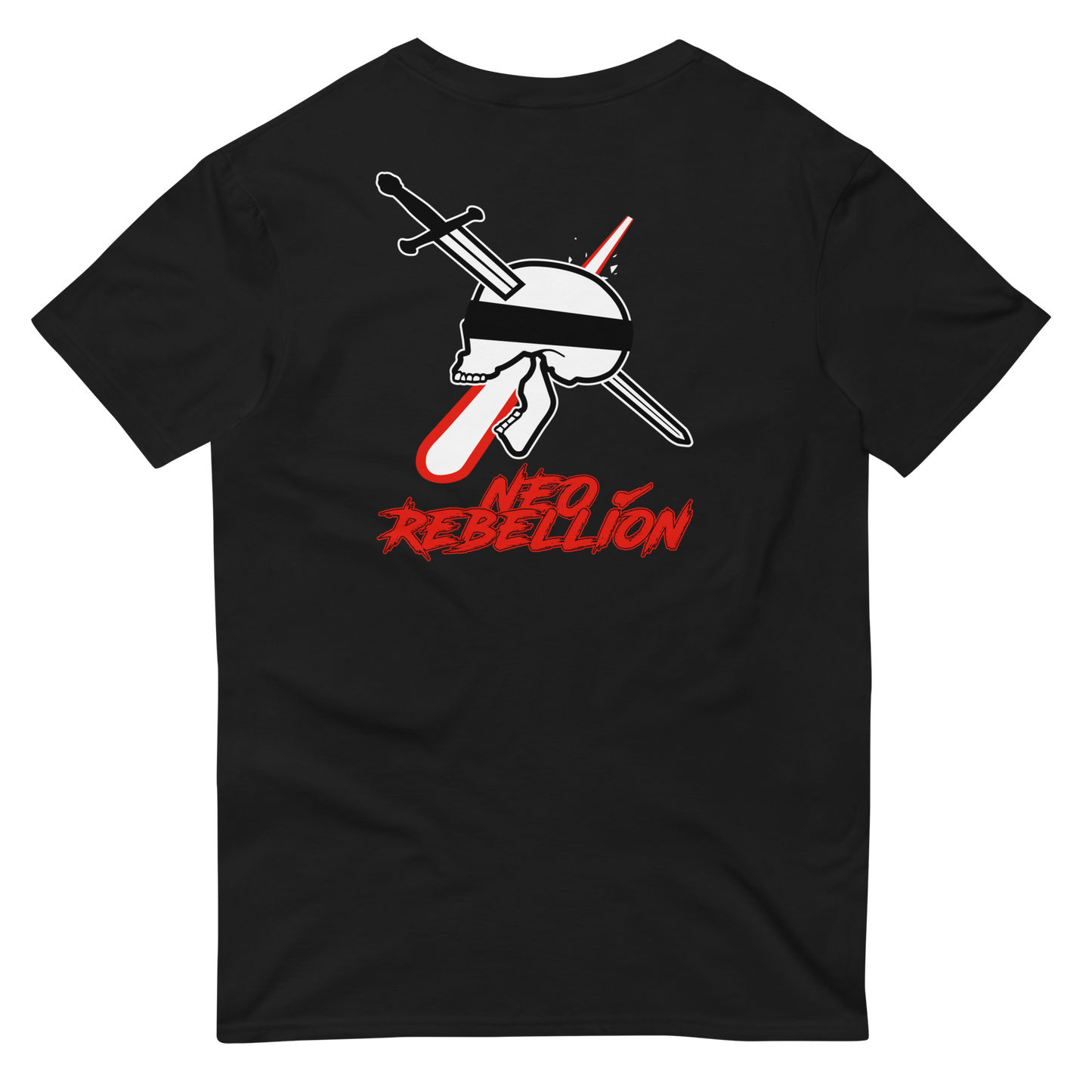 Black t-shirt with 'Neo Rebellion' text and logo of a skull shooting a laser with a sword through it
