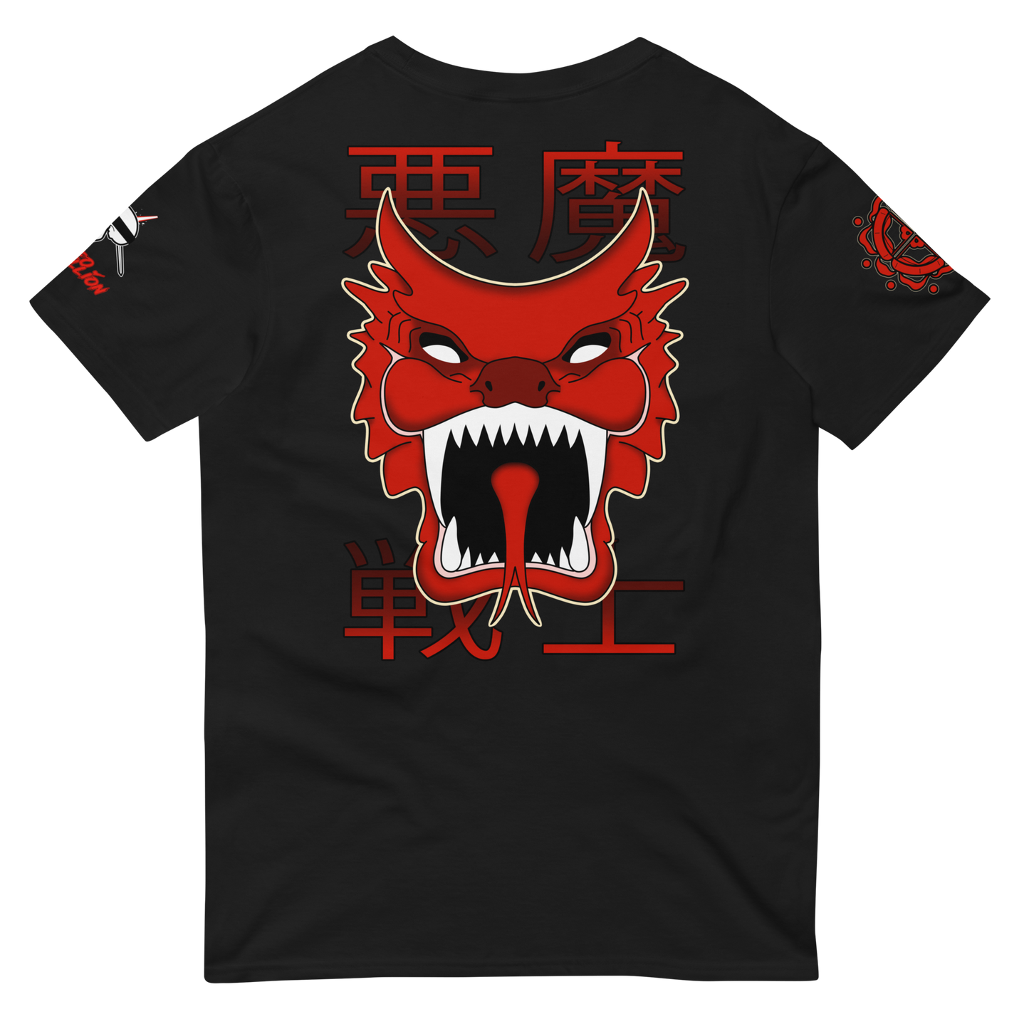 A black t-shirt with a vibrant red and white graphic of a japanese demon warrior's face in a aggressive pose.