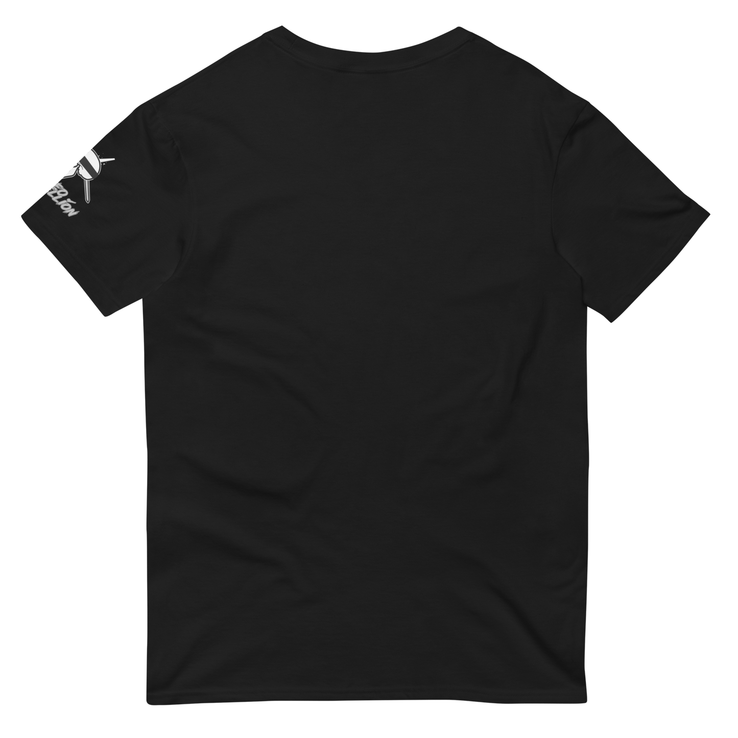 Black t-shirt with a brand logo on the sleeve