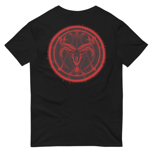 a red circular demonic symbol with a screaming goat head and red and black coloration on the back of a black neorebellion teeshirt