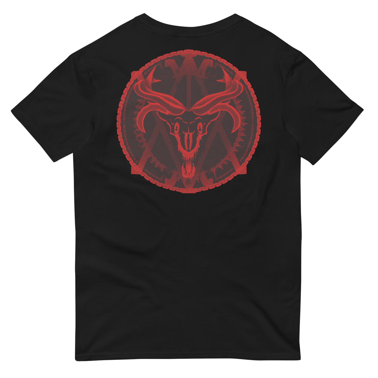 Black t-shirt with a red graphic design on the back against a white background