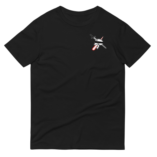 the front of a black tshirt with the neorebellion logo signet small on the front breast pocket area