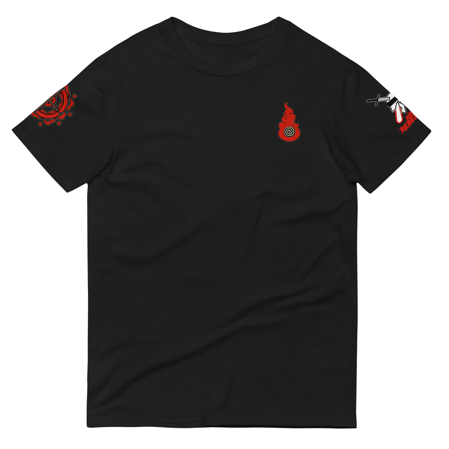 Front of a black tee shirt with red spiral flame design on breast pocket area, a samurai red signet on the right sleeve, and neorebellion skull logo on the right sleeve