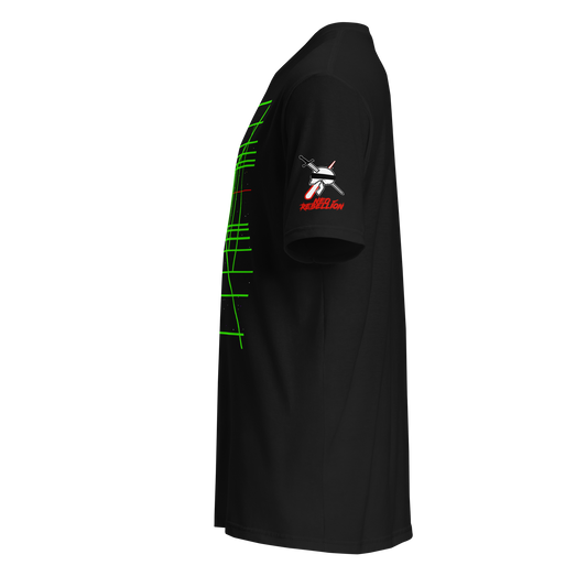 Geometric green scifi space shirt facing left with black blue and white neorebellion logo on the sleeve