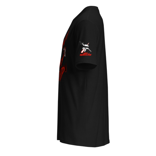 'GET OUT OF MY HEAD' tshirt facing left with a red, white, and black neorebellion skull logo on the left sleeve