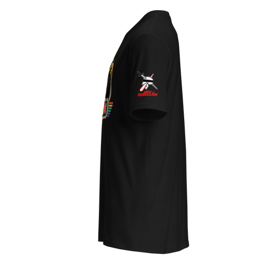 a black neorebellion tshirt with a rainbow design facing to the left with a neorebellion skull logo in the left sleeve