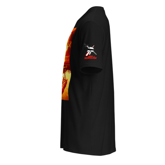 a black neorebellion tshirt facing left with a red and orange design on the front, and a neorebellion skull logo in the left sleeve