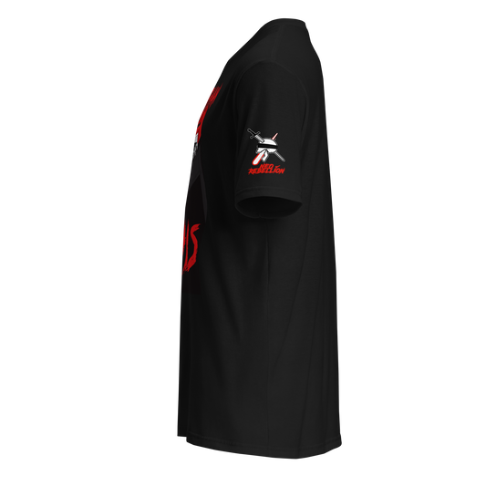 red and grey 'more than this' design on a black tshirt facing left with the neorebellion skull logo on the sleeve