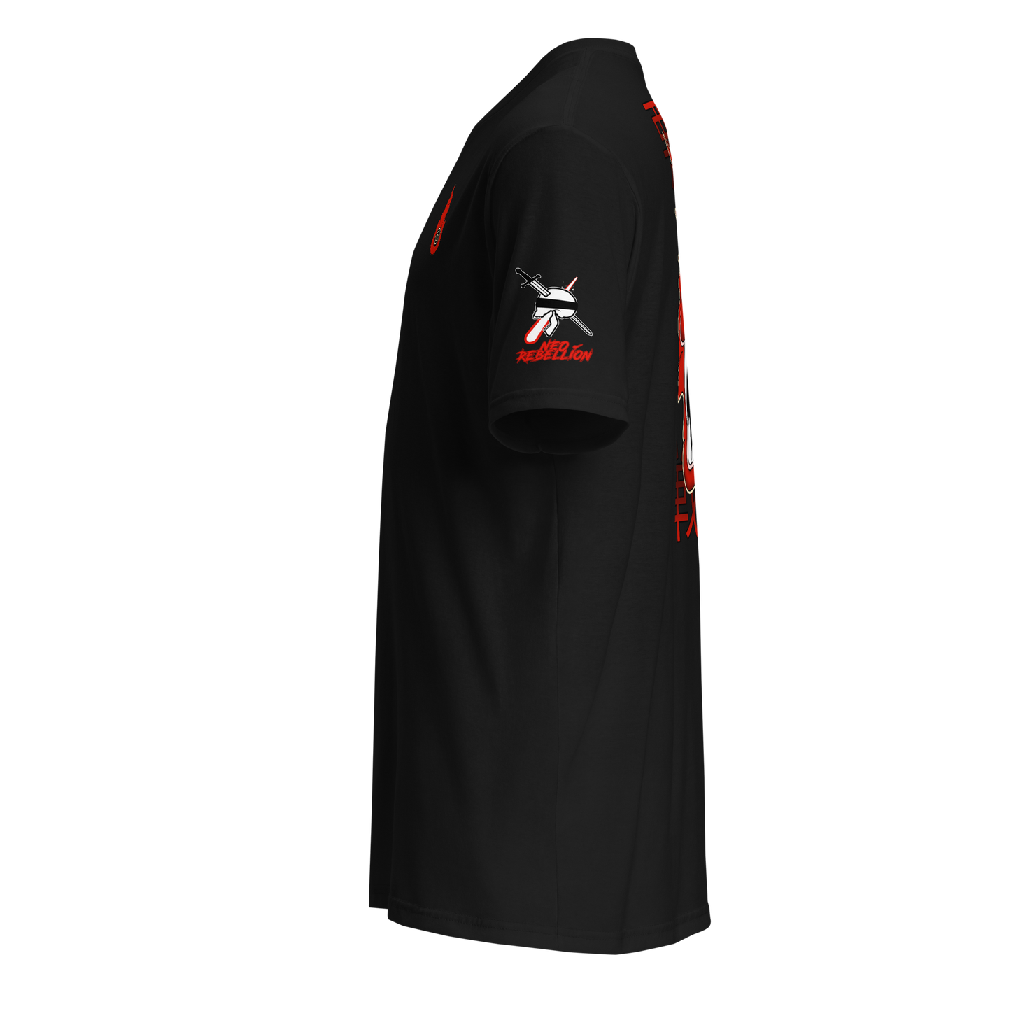 a black teeshirt facing left with red and white designs on the front and back and a neorebellion skull logo with a sword and laser on the sleeve