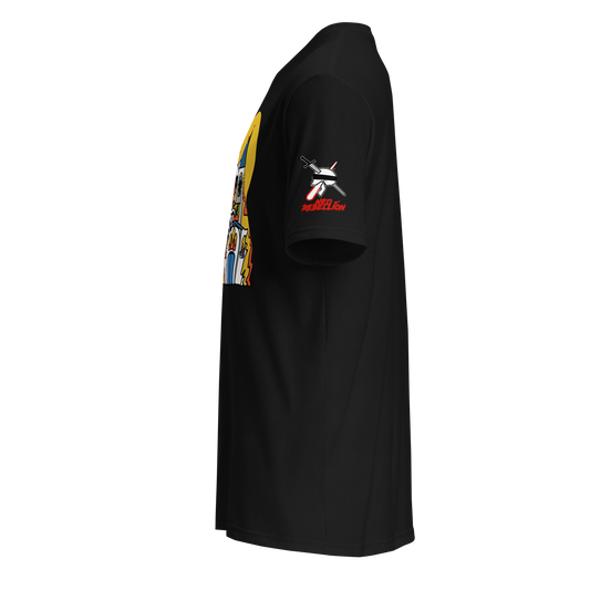 a colorful tshirt facing left with a neorebellion logo skull on the sleeve