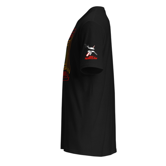 a target matrix tshirt facing left with a neorebellion skull logo on the left sleeve