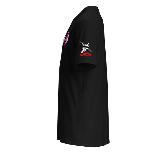 Black t-shirt with a design featuring three stylized skulls in pink, purple, and white colors facing left with the neorebellion logo on the sleeve