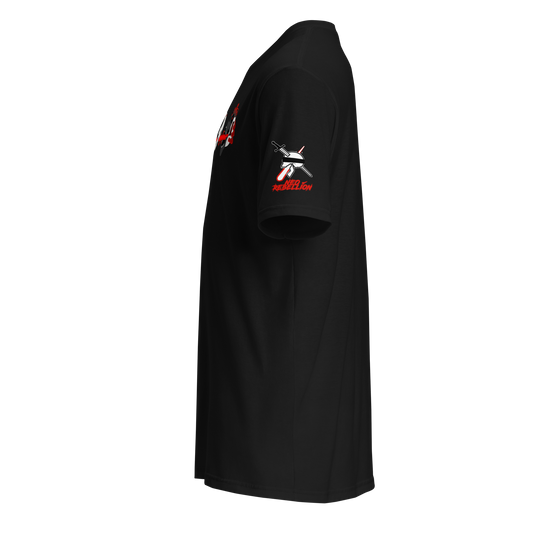 3 skulls shooting a red laser design on the front of a black tshirt facing left with the neorebellion logo on it