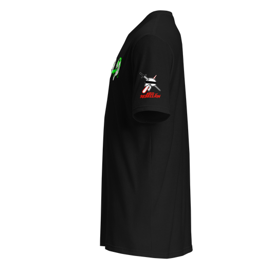 a product mockup of a green and white three skull design facing left with the neorebellion logo on the sleeve