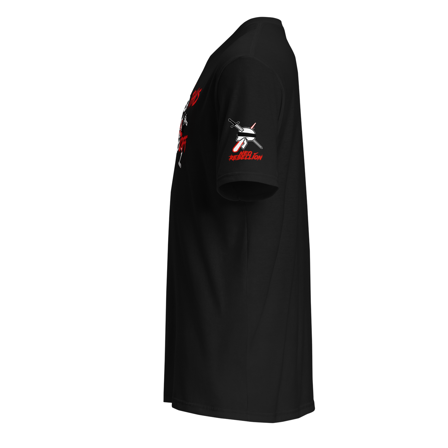 Black t-shirt with red and white graphics on a white background