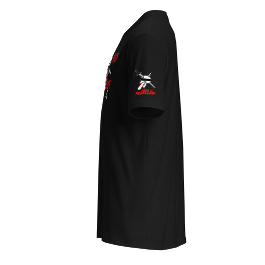 Black t-shirt with red and white graphics on a white background