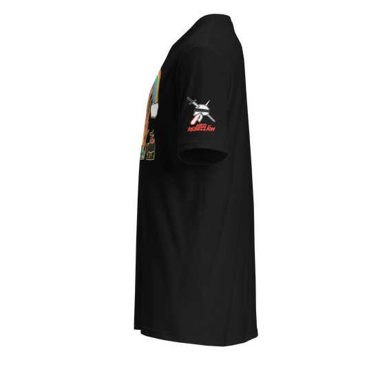 Black t-shirt with neorebellion logo graphic design on sleeve and logo on chest against a white background