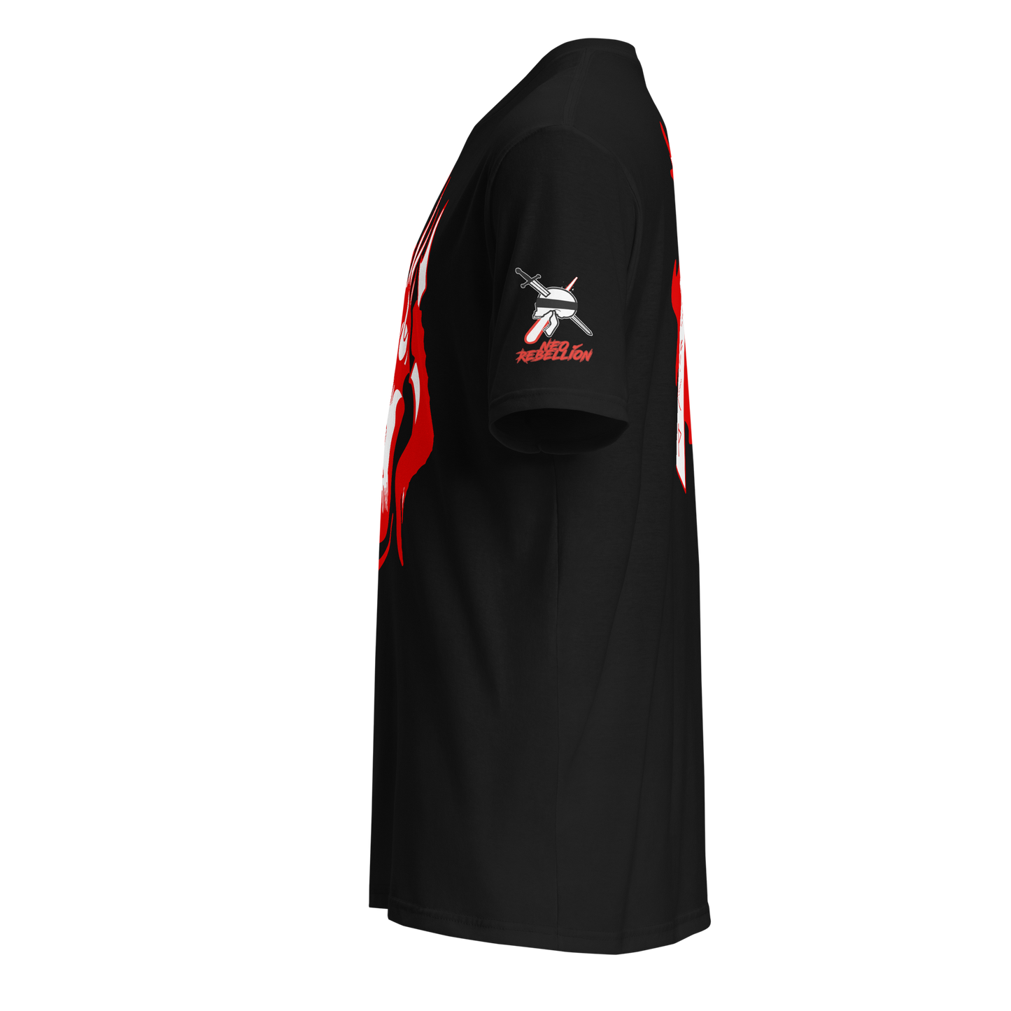 Black t-shirt with red and white graphics