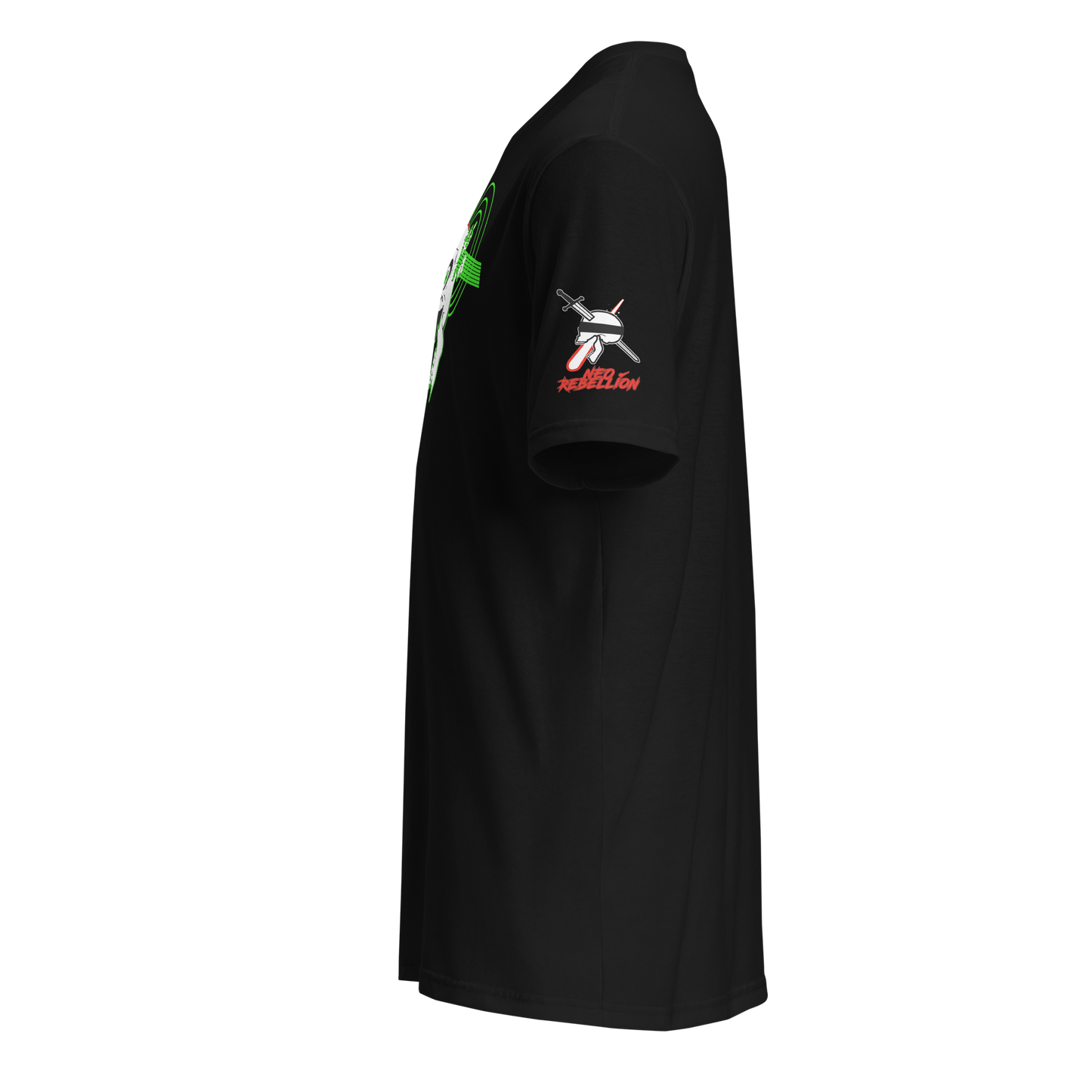 Black t-shirt with a logo on the sleeve against a white background
