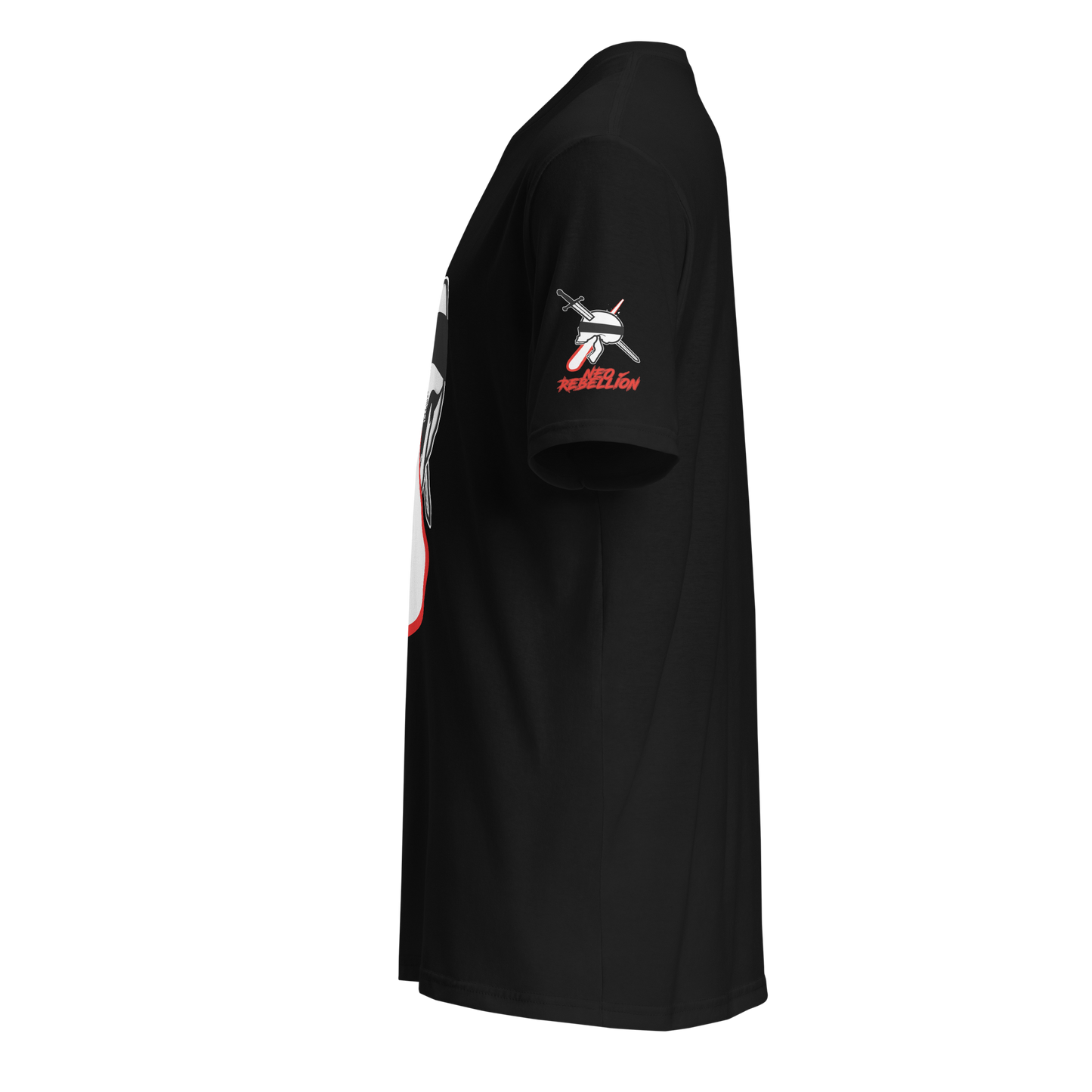 Black t-shirt with a logo on the sleeve against a white background