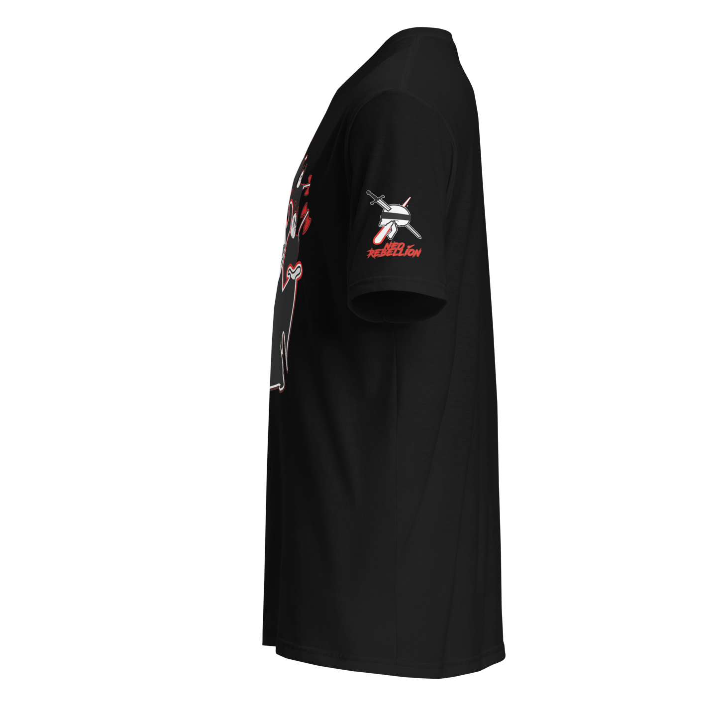 Black t-shirt with graphic designs on the sleeve against a white background