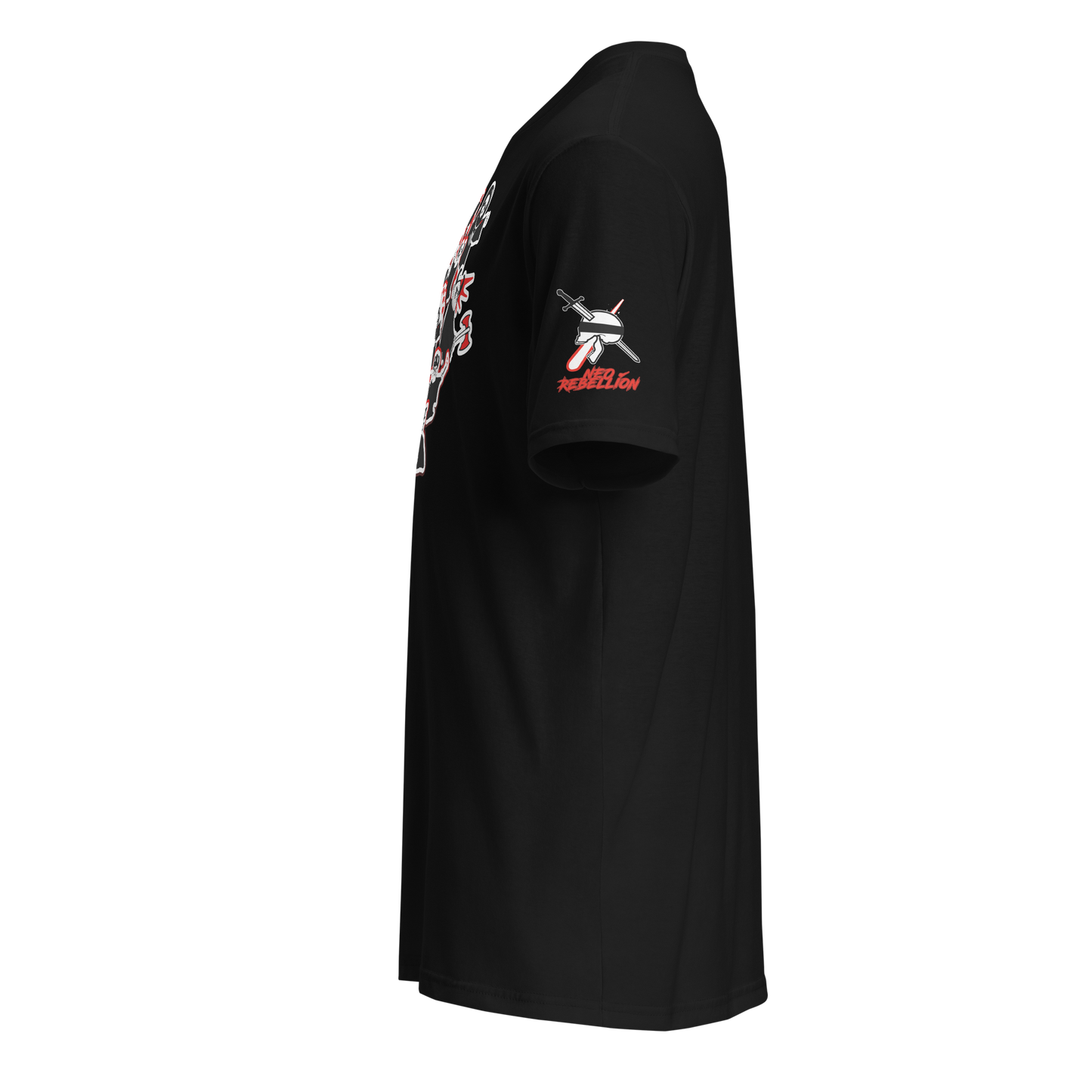Black t-shirt with graphic designs on sleeves against a white background