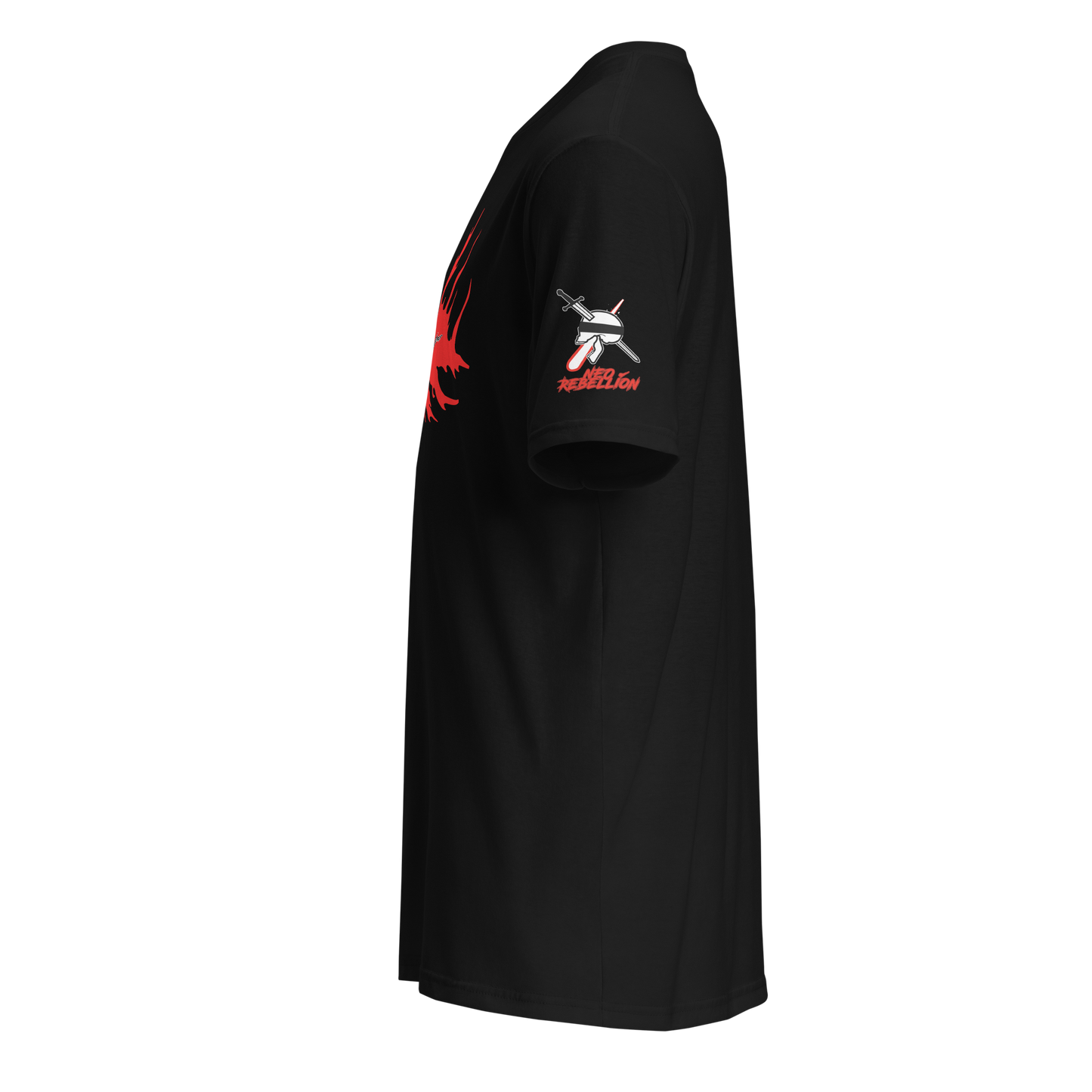 Black t-shirt with red and white graphic on sleeve