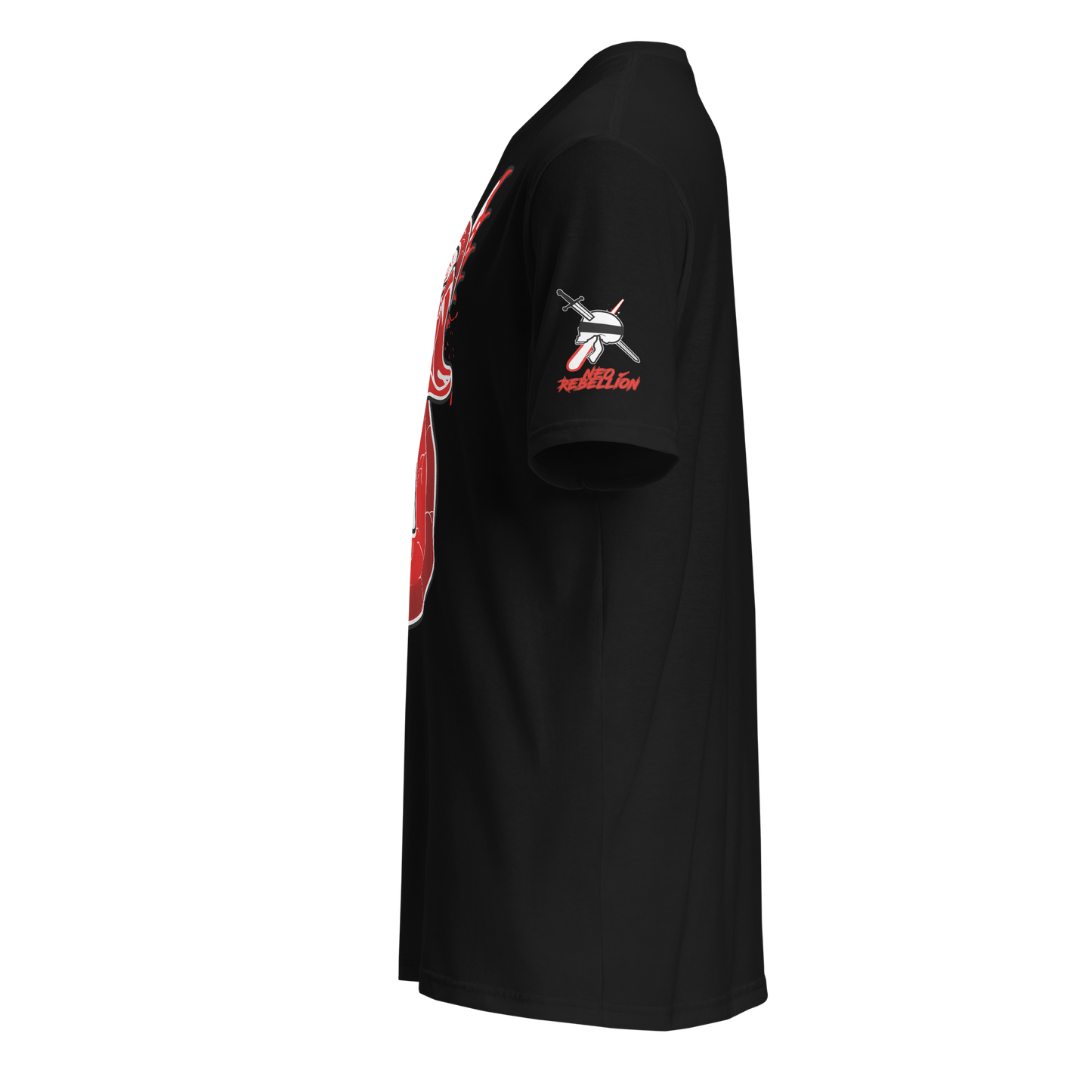 Black t-shirt with red and white graphic on the sleeve against a white background