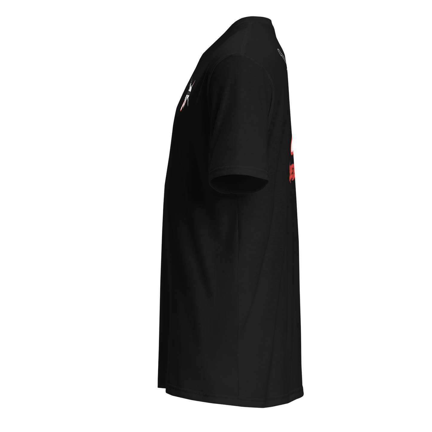 the left side of a lack t-shirt with red and white graphics