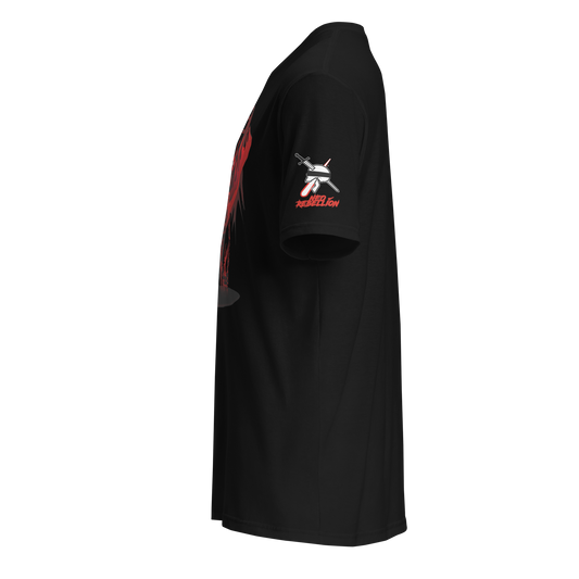 a black tshirt with the neorebellion logo on the sleeve with the design of a red and black demon emerging from a hellhole on the front facing left