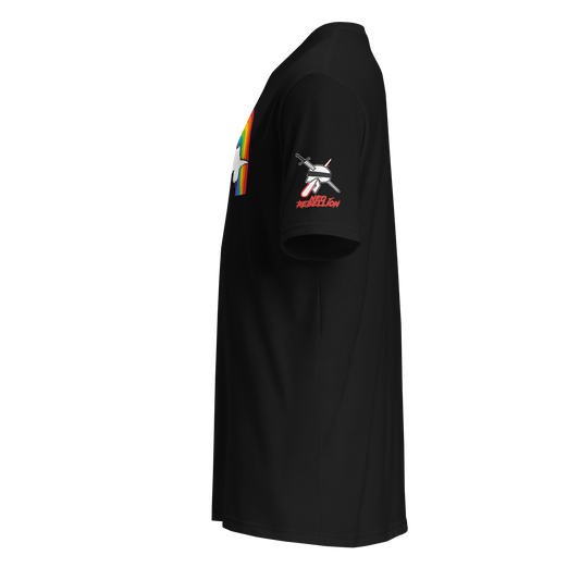 A black short-sleeve t-shirt shown from the side profile on a solid white background, featuring a colorful graphic on the right chest and a white and red graphic on the left sleeve.