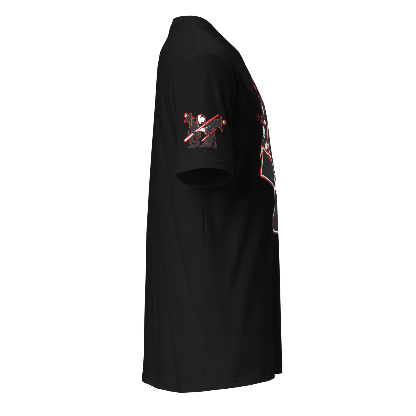 Black t-shirt with red and white graphics on a white background