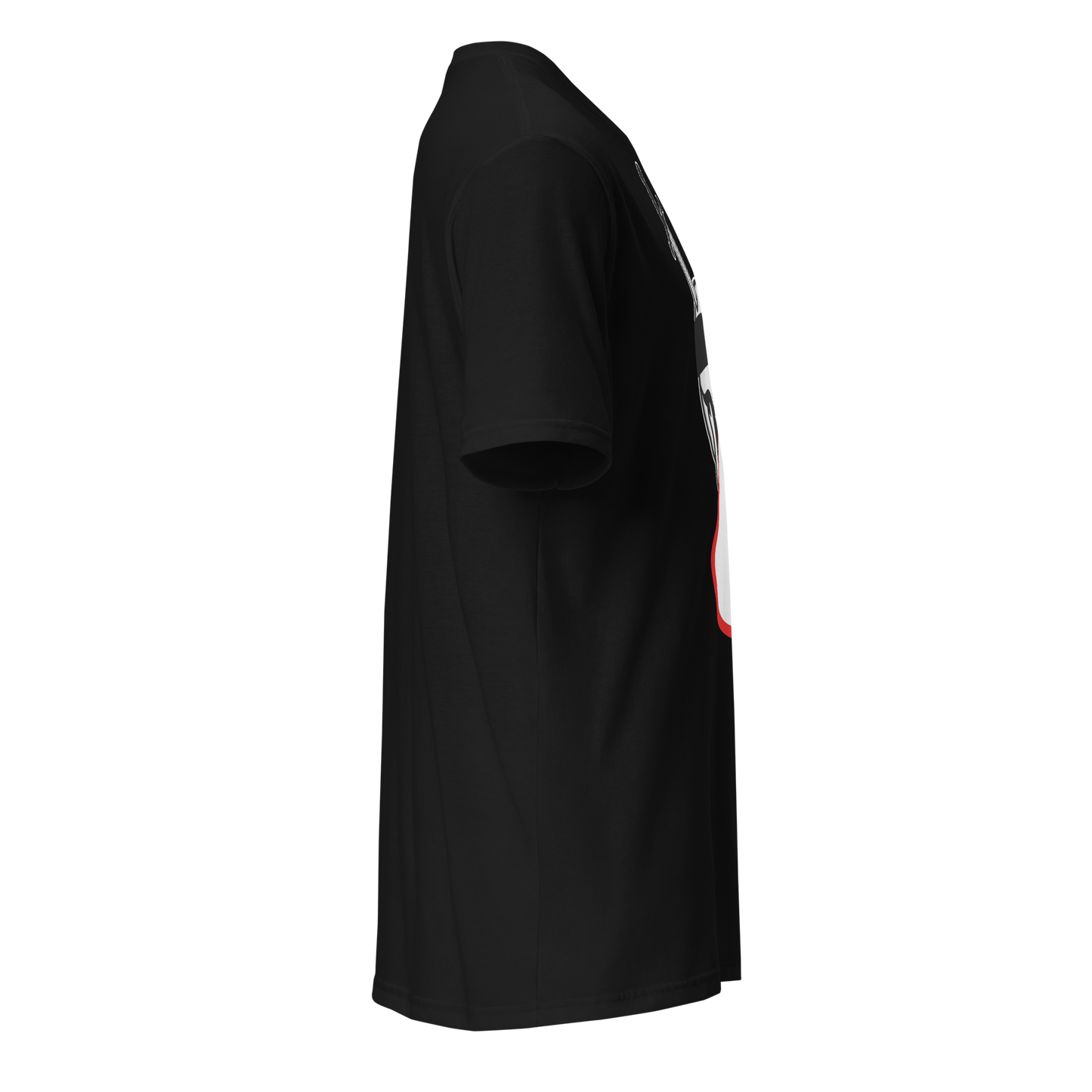 Black t-shirt with a white logo on a white background