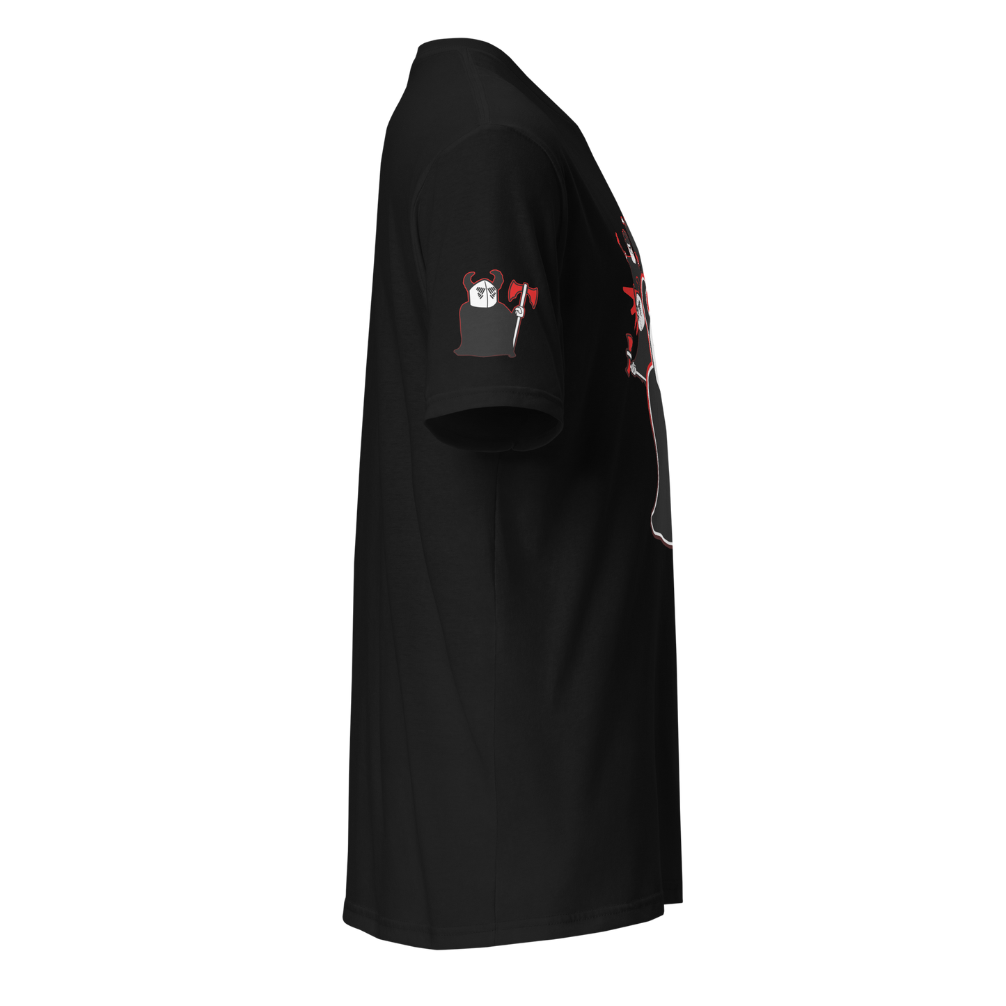 Black t-shirt with graphic designs on sleeves against a white background