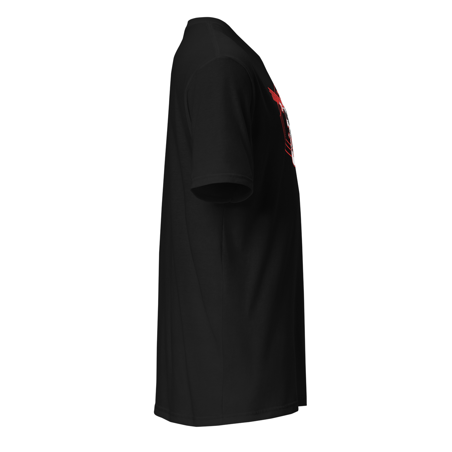 Black t-shirt with red text on a white background