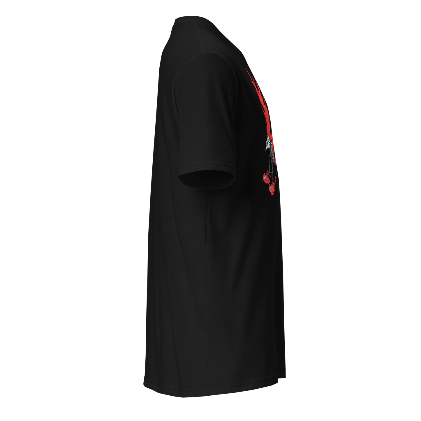 Black t-shirt with red and white graphics