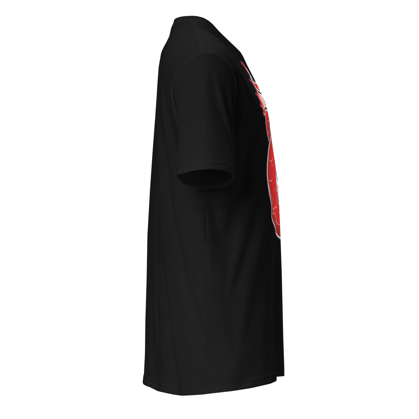 Black t-shirt with red and white design on a white background